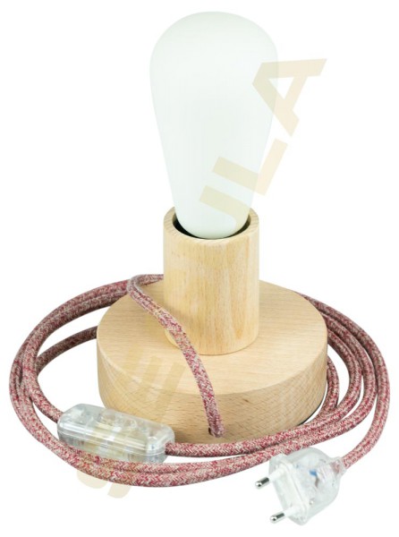 80527, Tischlampe, Holz-Rondell, E27, Textilkabel Burgund