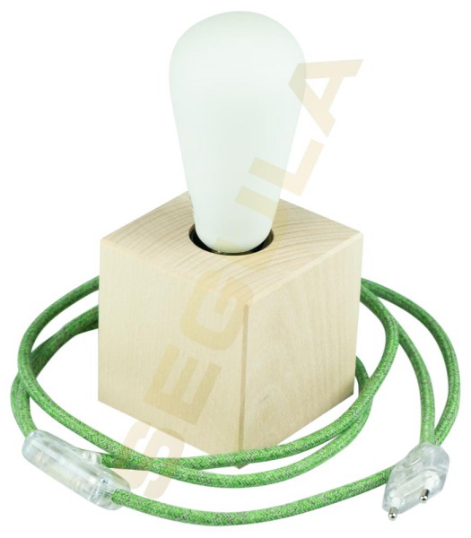 80526, Tischlampe Holzwürfel, E27, Textilkabel grün