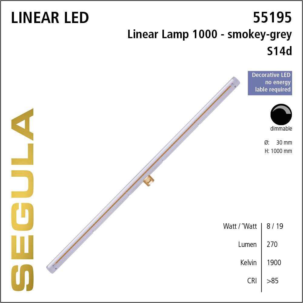 LED Linienlampe, 1 Meter Lampe, 1000mm Röhrenlampe, S14d, warmweiß, dimmbar, smokey grau, Rauchglas