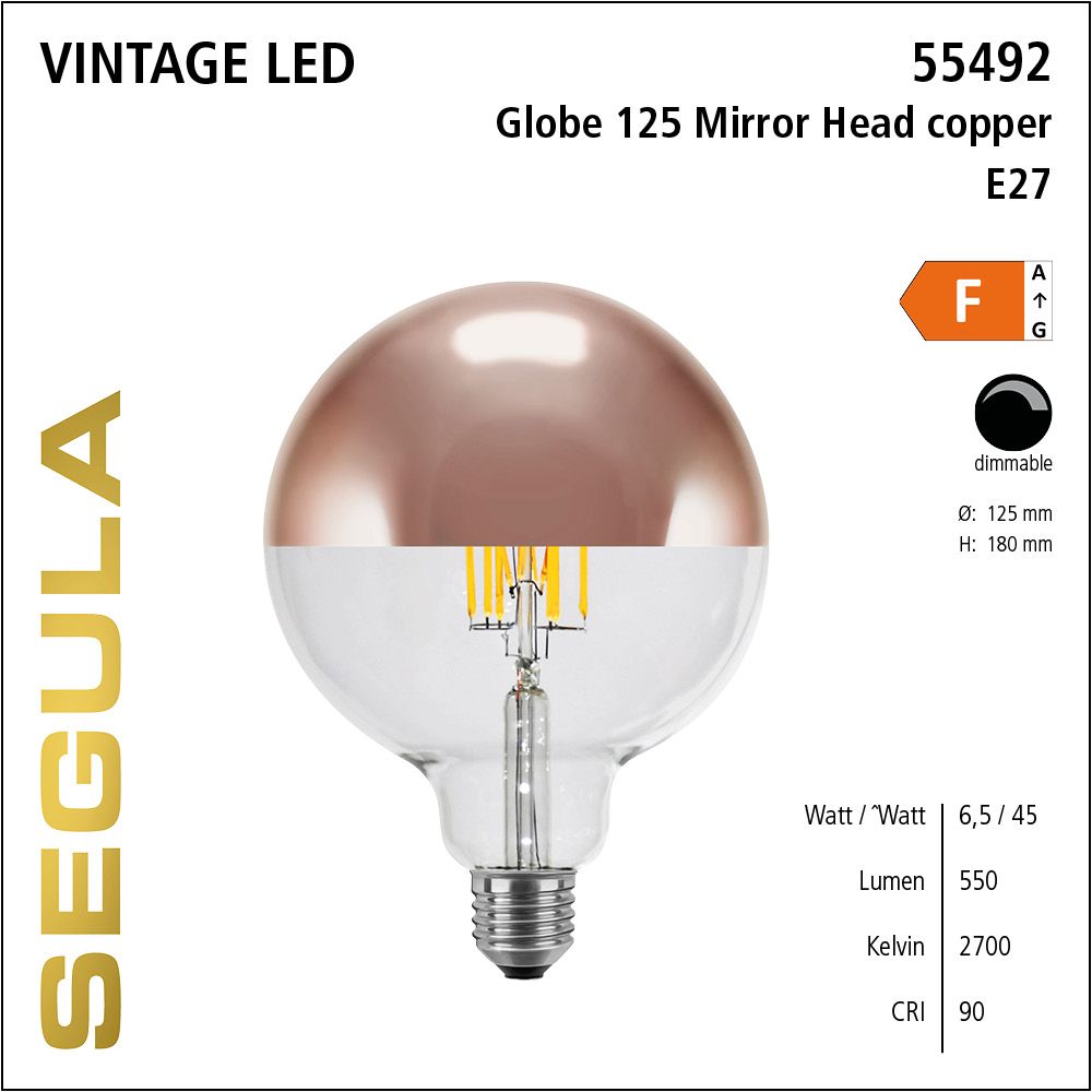 LED Leuchtmittel, Globe 125, E27, dimmbare LED, Retrofit Lampe, warmweiß, Mirror Head copper