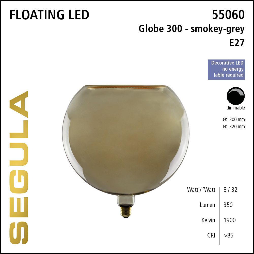 Design LED Leuchtmittel, Floating, Globe, smokey grau, Rauchglas, warmweiß, dimmbar