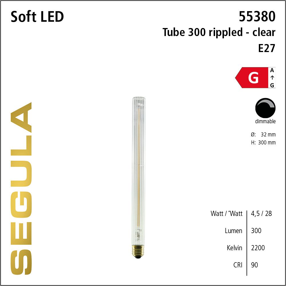 LED Leuchtmittel, Long Tube, Soft Filament, E27, dimmbare LED, Retrofit Lampe, warmweiß, klar, Strukturglas, geriffelt