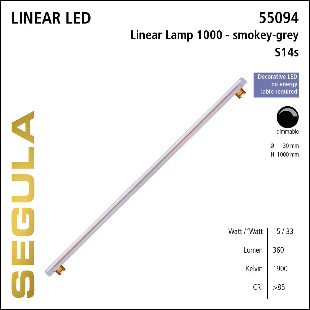 LED Linienlampe, 1 Meter Lampe, 1000mm Röhrenlampe, S14s, warmweiß, dimmbar, smokey grau, Rauchglas