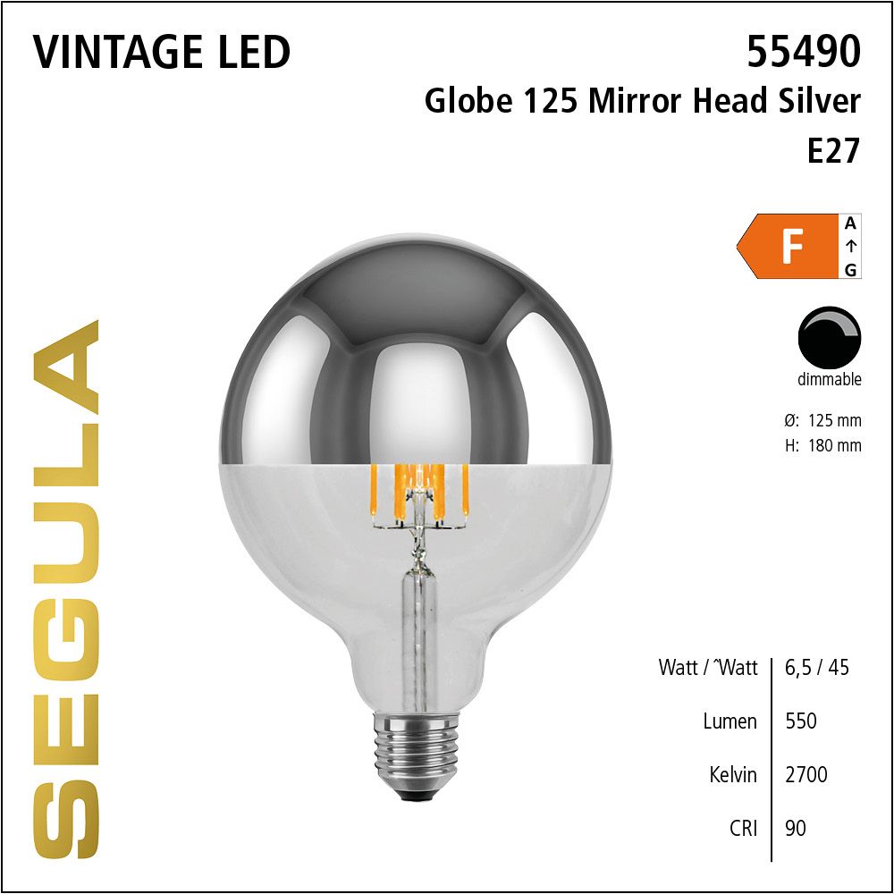 LED Leuchtmittel, Globe 125, E27, dimmbare LED, Retrofit Lampe, warmweiß, Mirror Head silver