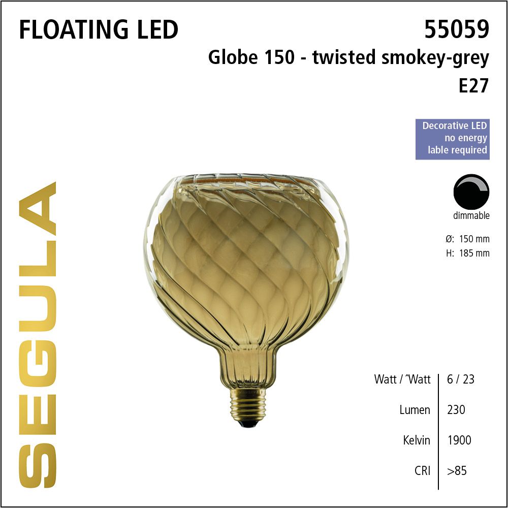 Design LED Leuchtmittel, Floating, Globe, smokey grau, Rauchglas, twisted, warmweiß, dimmbar