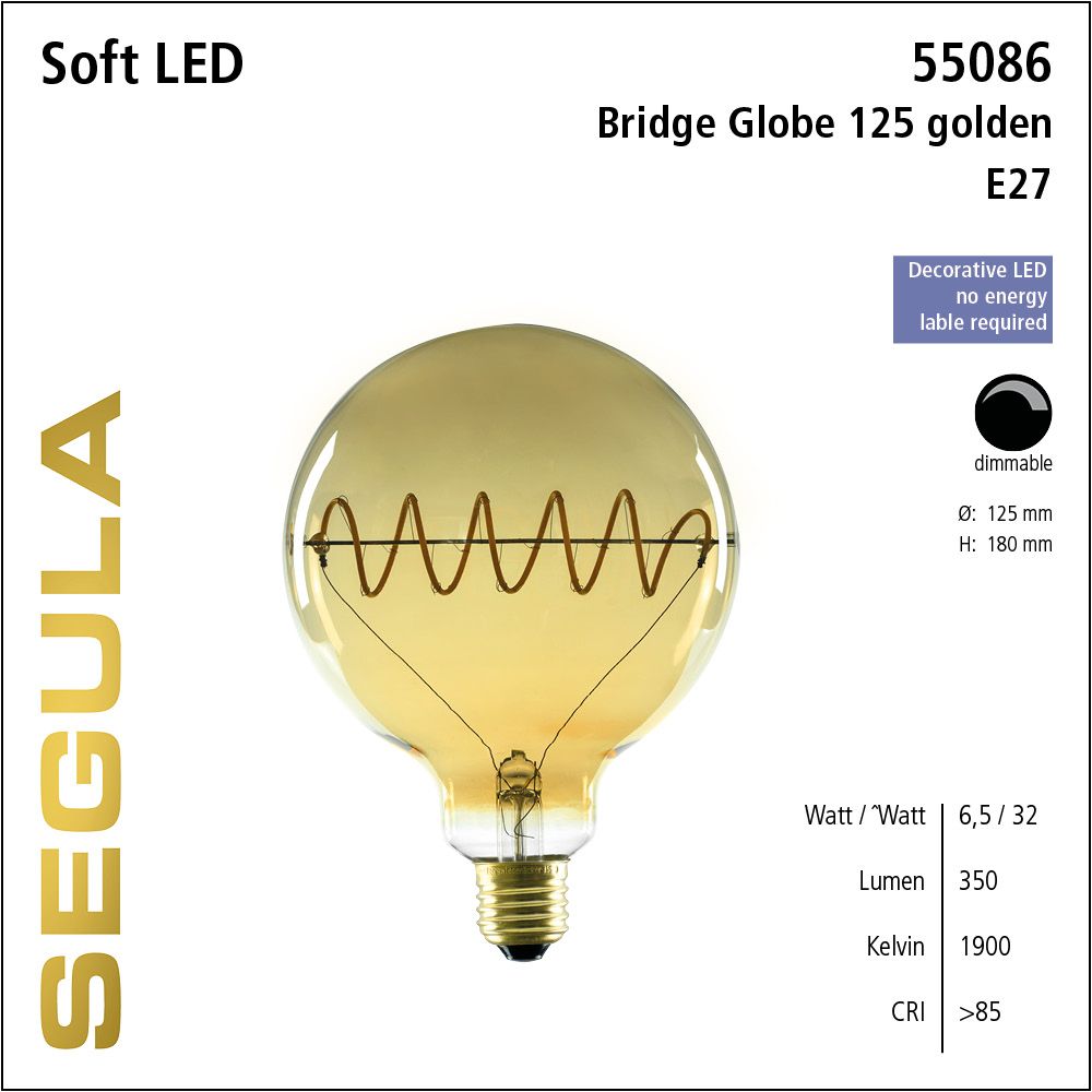 LED Leuchtmittel, SoftFilament Bridge Globe 125, Curved Plus, E27, dimmbare LED, Retrofit Lampe, warmweiß, golden