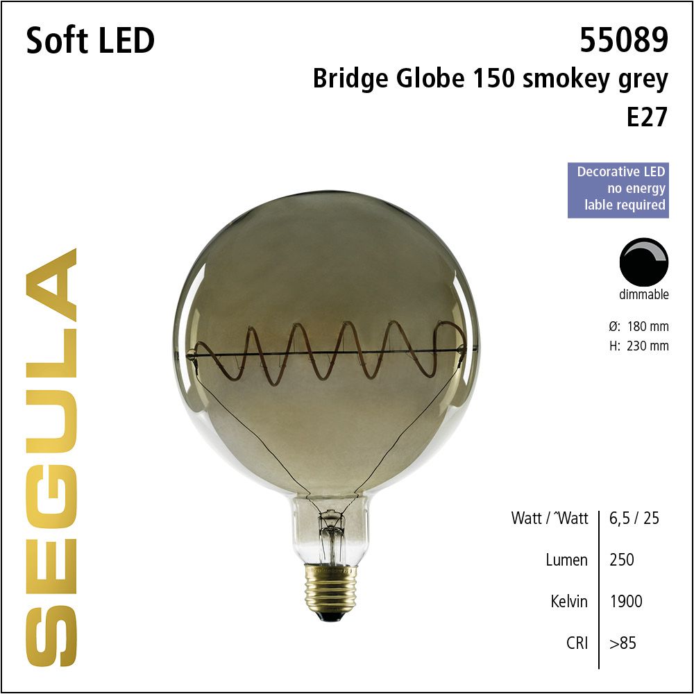 LED Leuchtmittel, SoftFilament Bridge Globe 125, Curved Plus, E27, dimmbare LED, Retrofit Lampe, warmweiß, smokey grey