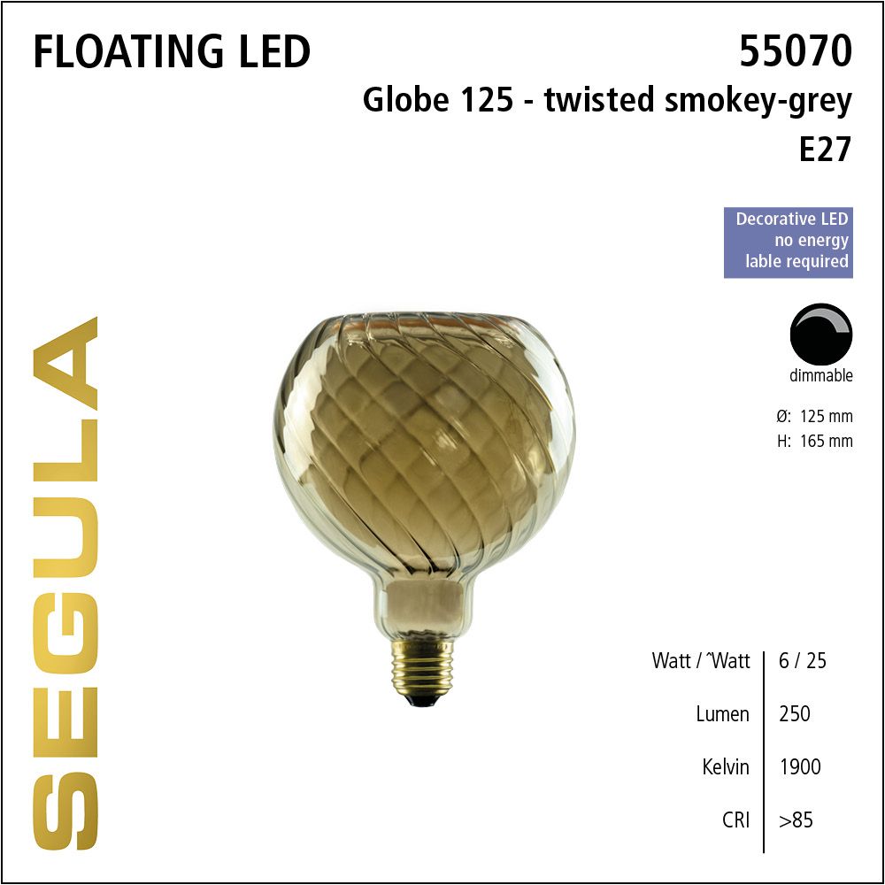 Design LED Leuchtmittel, Floating, Globe, smokey grau, Rauchglas, twisted, warmweiß, dimmbar