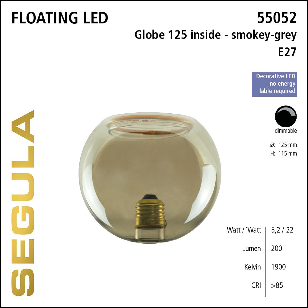 Design LED Leuchtmittel, Floating, Globe, smokey grau, Rauchglas, inside, warmweiß, dimmbar