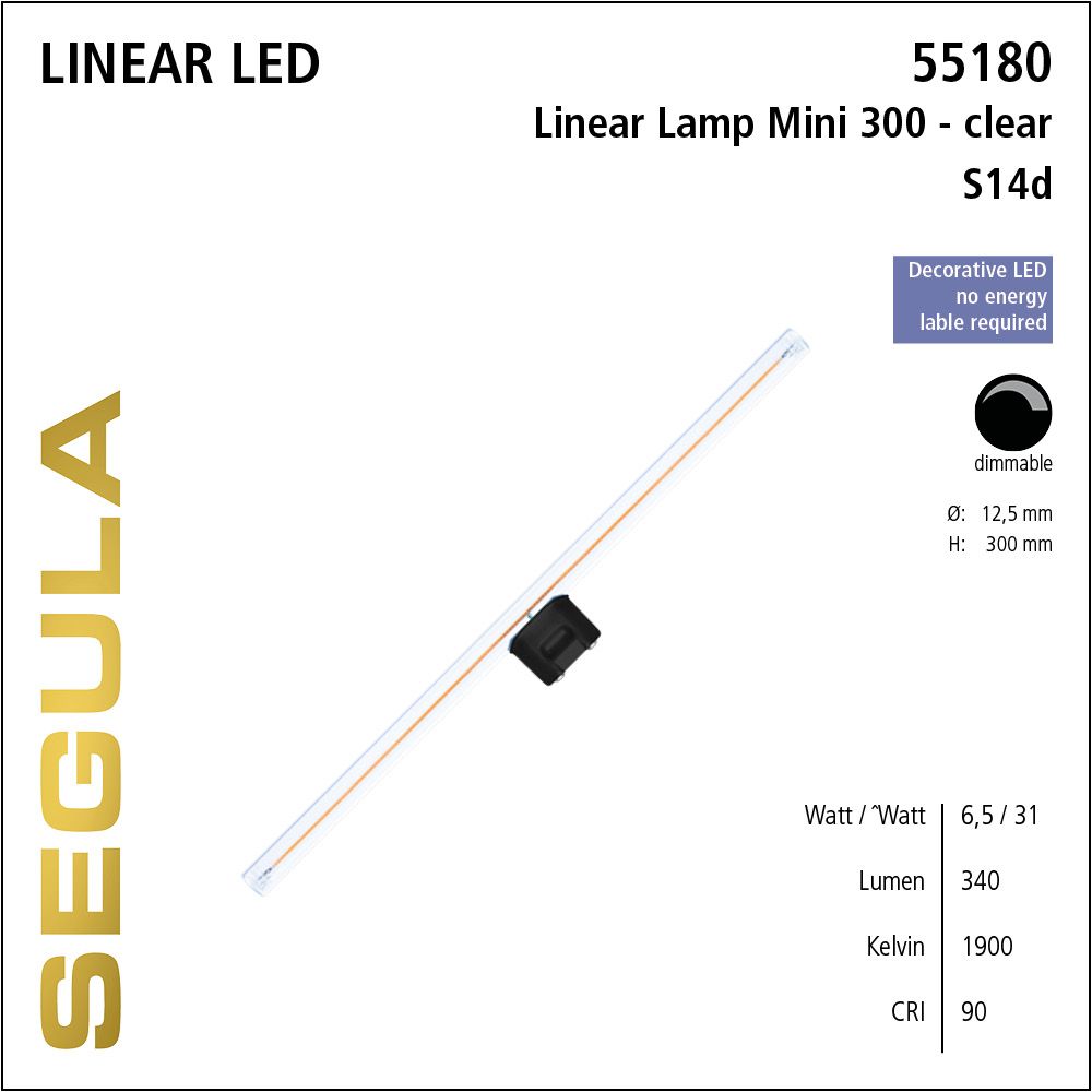 LED Linienlampe, 300mm Röhrenlampe, S14d, warmweiß, dimmbar, klar