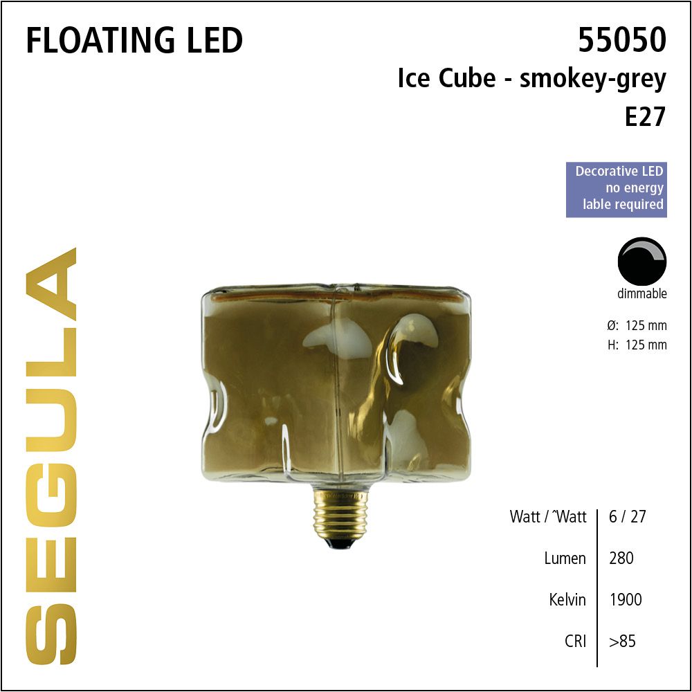 Design LED Leuchtmittel, Floating, Cube, Wuerfel, smokey grau, Rauchglas, warmweiß, dimmbar