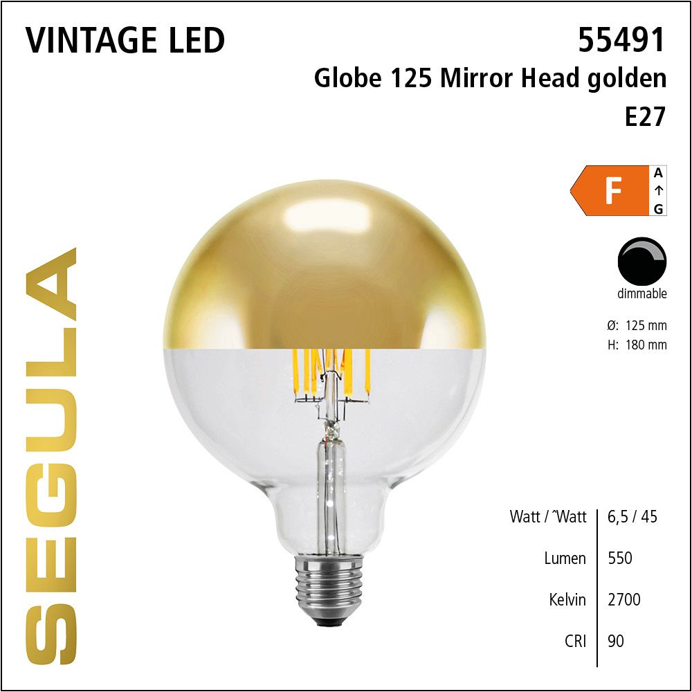 LED Leuchtmittel, Globe 125, E27, dimmbare LED, Retrofit Lampe, warmweiß, Mirror Head golden