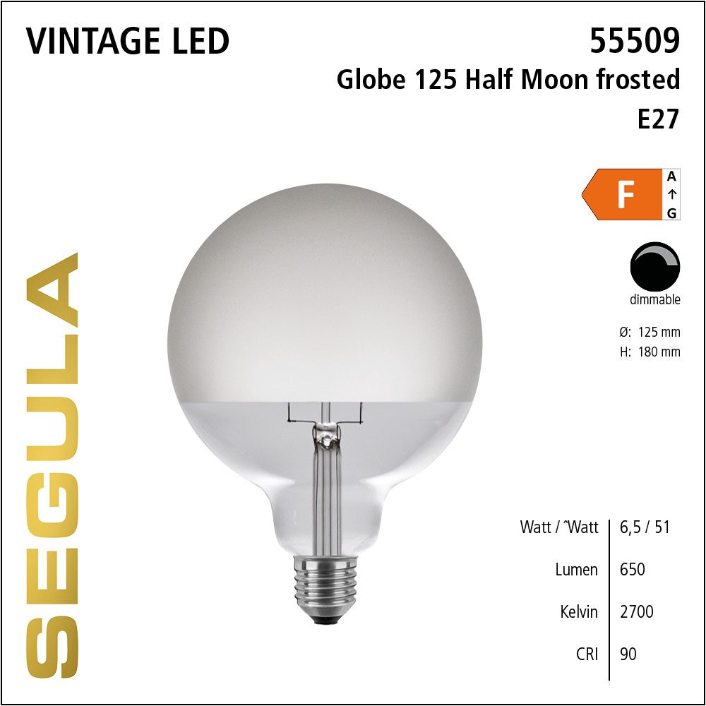 LED Leuchtmittel, Globe 125, E27, dimmbare LED, Retrofit Lampe, warmweiß, Half Moon frosted